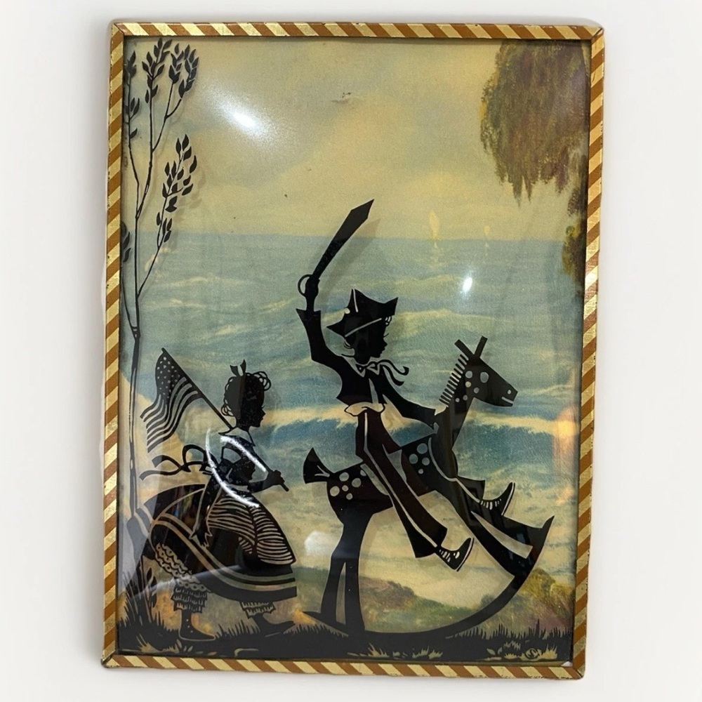 Vintage Reverse Hand Painted Silhouette Bubble Convex Glass Pirate Boy Girl Flag